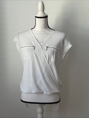 Guess White Women's Wrap-Front Top with Zip Pocket Details, Size XS
